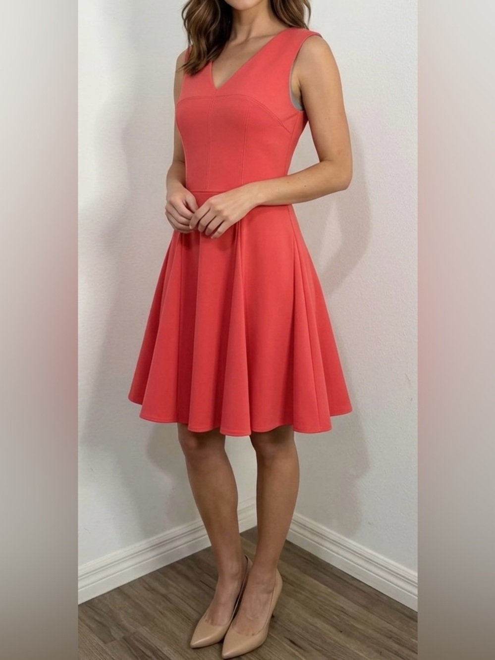 ABS Allen Schwartz Red Ponte Knit Pleated Fit & Flare Dress Plus 0X